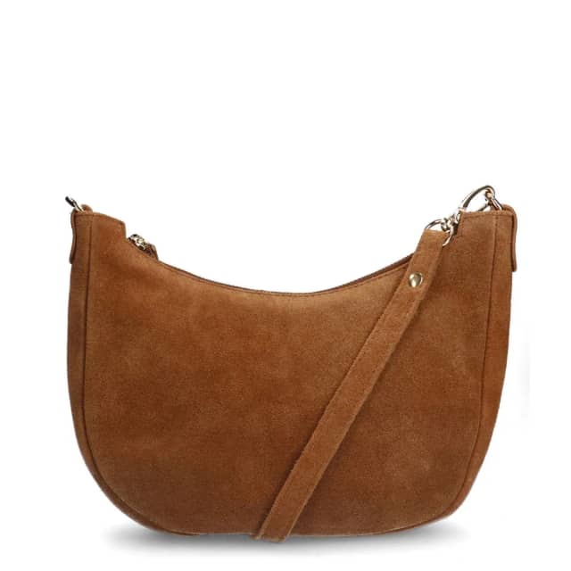 Manfield Cognac Suède Schoudertas Met Ritssluiting