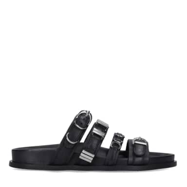 Sacha Zwarte leren slippers met buckles