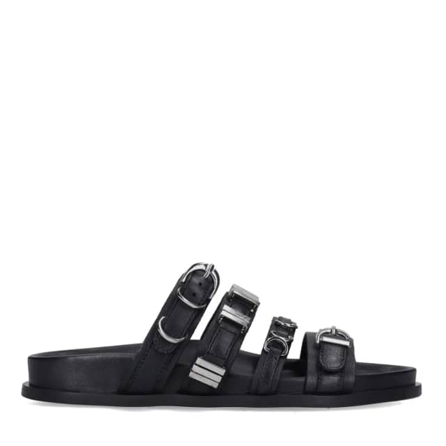 Sacha Zwarte leren slippers met buckles