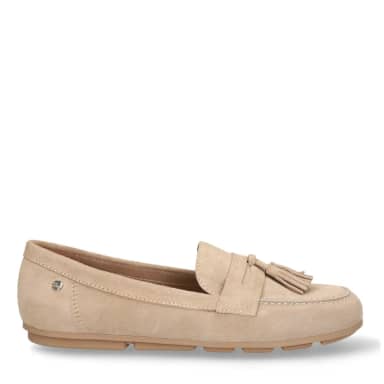 No Stress Beige Suède Loafers Met Franjes