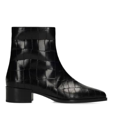 Manfield Zwarte Leren Croco Enkellaarsjes Met Blokhak Van 4 Cm Met Ritssluiting
