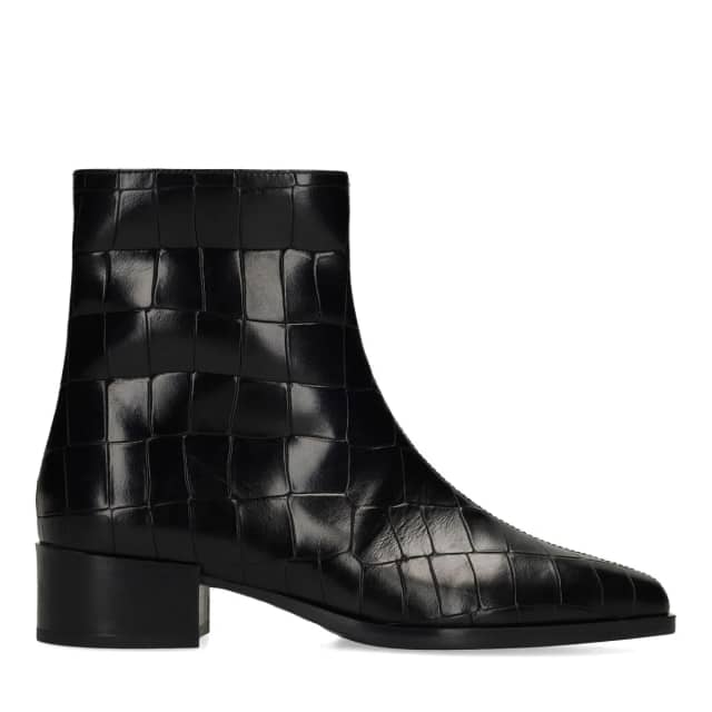 Manfield Zwarte Leren Croco Enkellaarsjes Met Blokhak Van 4 Cm Met Ritssluiting