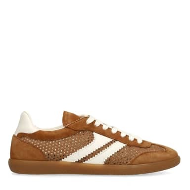 Manfield Cognac Suède Sneakers Met Mesh Details Met Veters