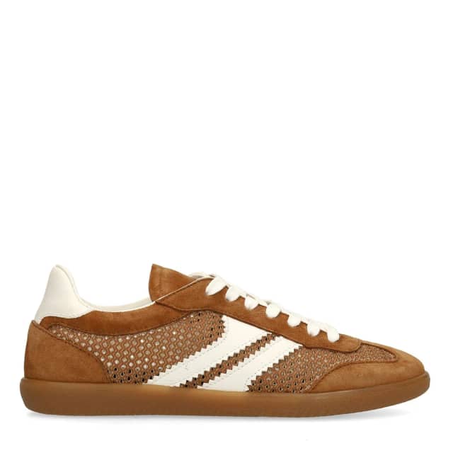 Manfield Cognac Suède Sneakers Met Mesh Details Met Veters