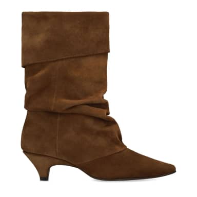 Manfield Cognac Suède Slouchy Enkellaarsjes Met Hak