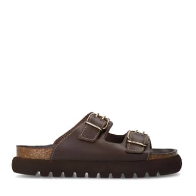 Donkerbruine leren slippers met goudkleurige buckles