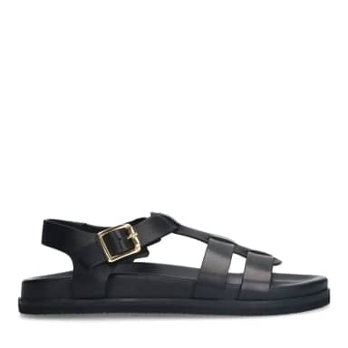 Manfield Zwarte Leren Sandalen Met Gespsluiting Met Plateau Hak