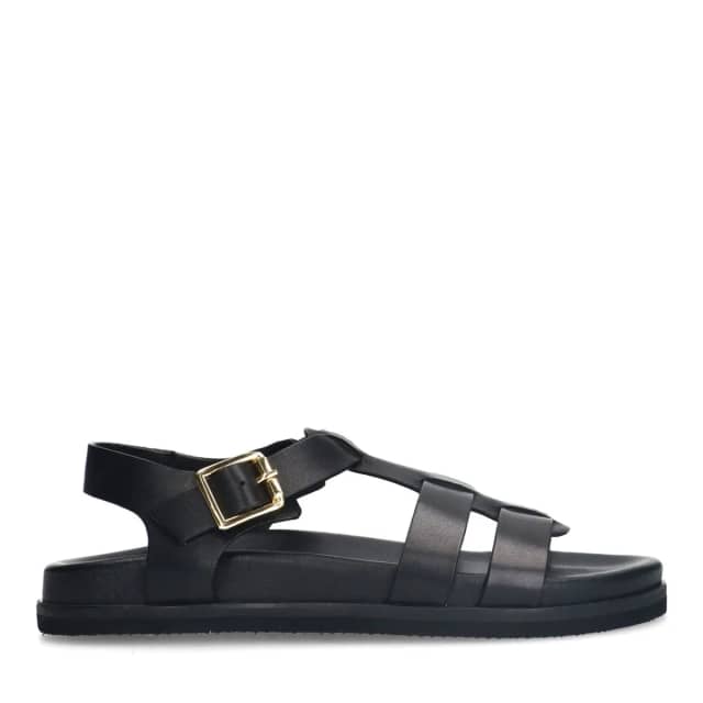 Manfield Zwarte Leren Sandalen Met Gespsluiting Met Plateau Hak
