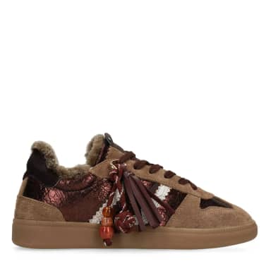 Manfield Bruine Leren Sneakers Met Suède Details Met Veters