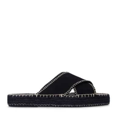 Sacha Zwarte suède slippers met witte stiksels