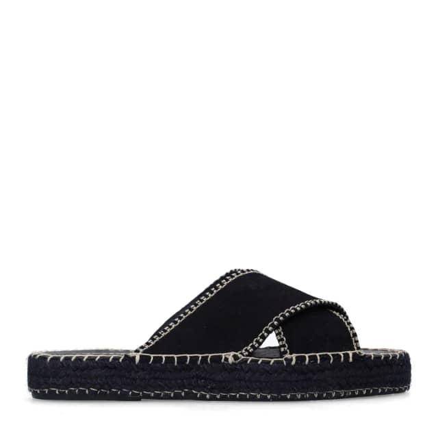 Sacha Zwarte suède slippers met witte stiksels