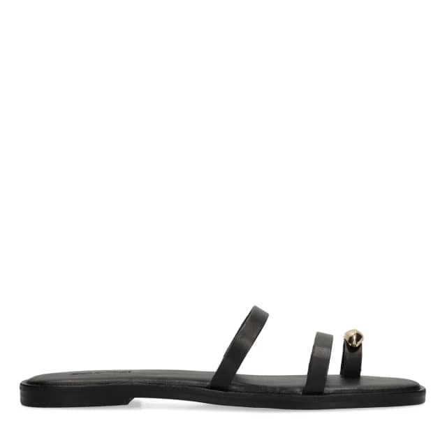 Sacha Zwarte leren slippers met goudkleurig detail