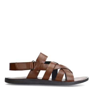 Manfield Leren Gevlochten Cognac Slippers Met Klittenband Sluiting