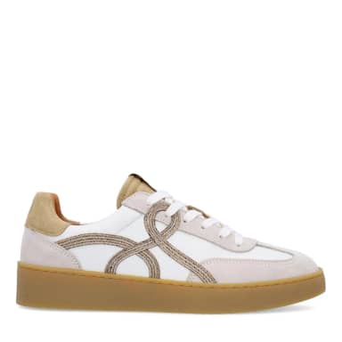 Manfield Beige Leren Sneakers Met Suède Details Met Veters