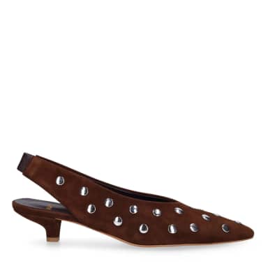 Manfield Bruine Suède Slingbacks Met Studs Met Lage Hak Van 2 Cm Met Elastieke Sluiting