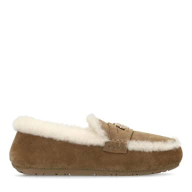 Manfield Manfield Taupe Suède Pantoffels Met Bontrand