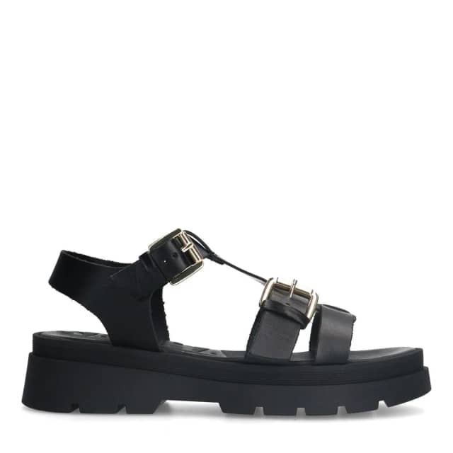 Sacha Zwarte leren plateau sandalen met goudkleurige buckles