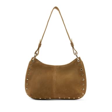 Manfield Cognac Suède Schoudertasje Met Gouden Studs Met Ritssluiting