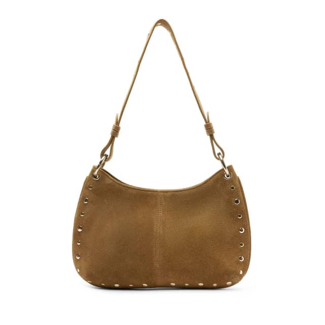 Manfield Cognac Suède Schoudertasje Met Gouden Studs Met Ritssluiting