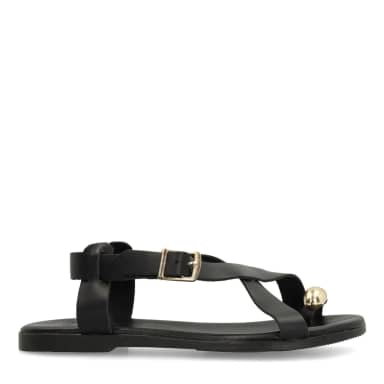 Manfield Manfield Zwart Leren Sandalen Met Goudkleurig Detail Met Gespsluiting