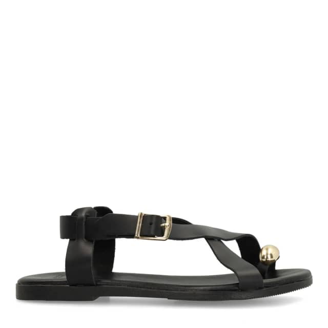 Manfield Zwart Leren Sandalen Met Goudkleurig Detail Met Gespsluiting