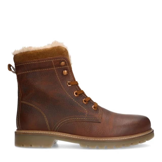 Manfield Cognac Leren Boots Met Imitatiebond Met Veters