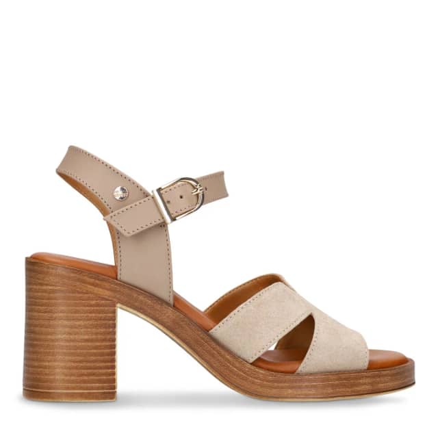 No Stress Beige Suède Sandalen Met Blokhak Met Gespsluiting
