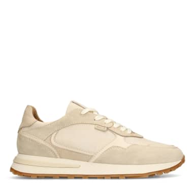 Manfield Beige Leren Sneakers Met Suède Details Met Veters
