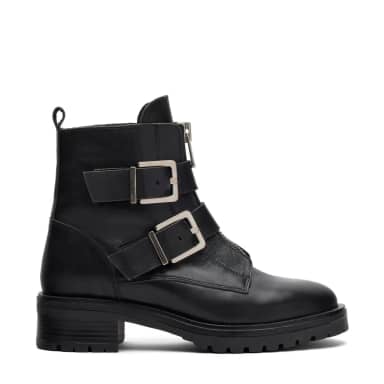 Zwarte leren biker boots met zilverkleurige gespen