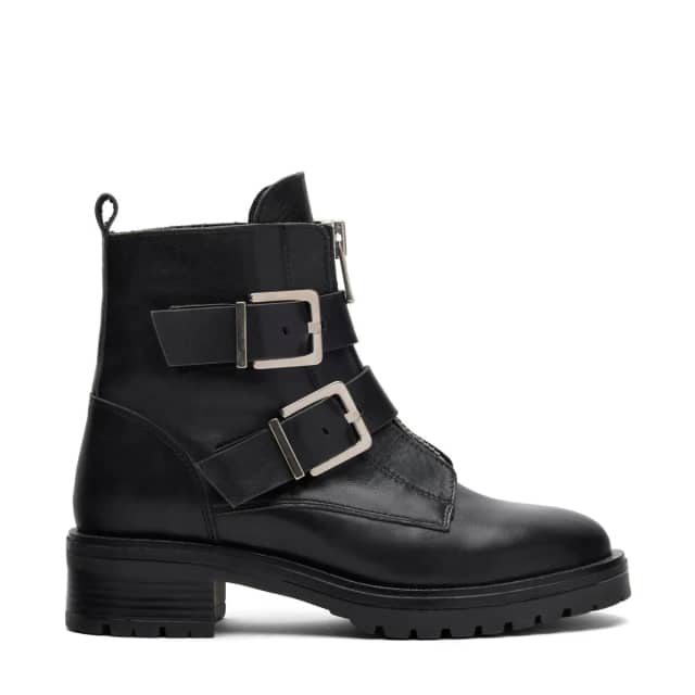 Sacha Zwarte leren biker boots met zilverkleurige gespen
