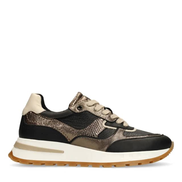 Manfield Zwarte Leren Sneakers Met Metallic Details Met Veters