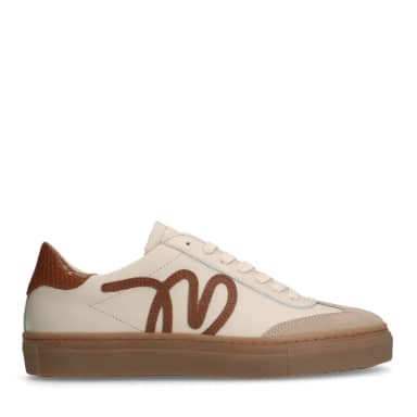 Manfield Beige Leren Sneakers Met Suède Details Met Veters
