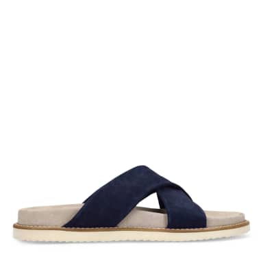 Manfield Blauwe Suède Slippers Met Gespsluiting