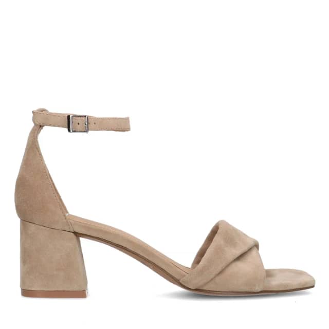 Manfield Beige Suède Sandalen Met Hak Met Gespsluiting