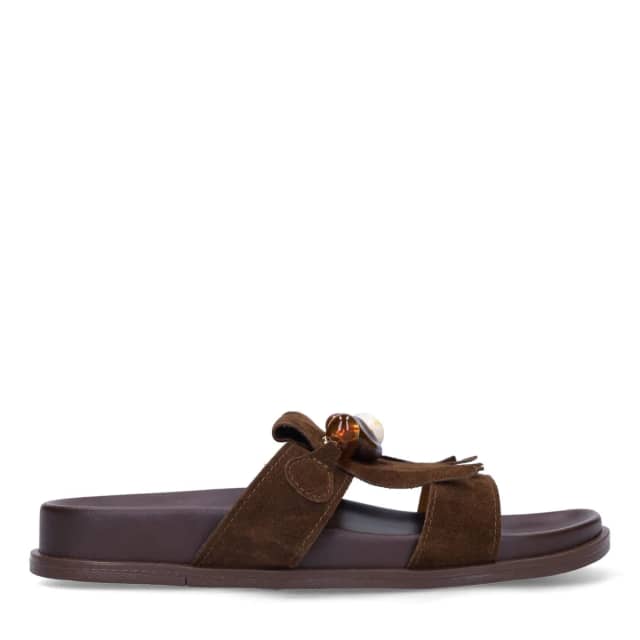 Manfield Bruine Suède Sandalen Met Franjes En Kralen Met Plateau Zool