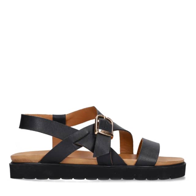 Manfield Zwarte Leren Sandalen Met Plateauzool Met Gespsluiting