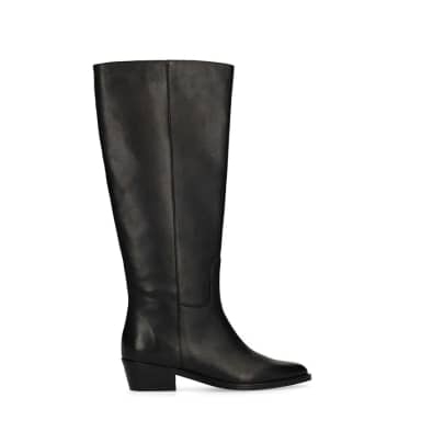 Manfield Zwarte Leren Hoge Laarzen Met Brede Schacht Met Blokhak Van 4 Cm Met Elastieke Sluiting