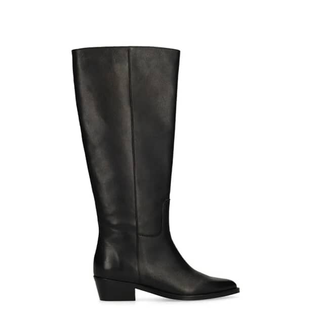 Manfield Zwarte Leren Hoge Laarzen Met Brede Schacht Met Blokhak Van 4 Cm Met Elastieke Sluiting