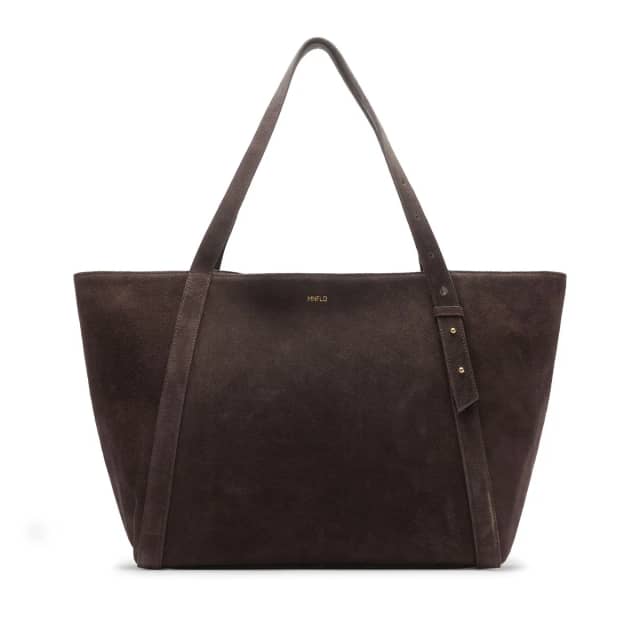 Manfield Donkerbruine Suède Shopper Met Ritssluiting