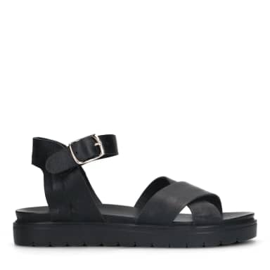 Manfield Zwarte Leren Sandalen Met Gekruiste Banden Met Plateau Zool Van 3 Cm Met Gespsluiting