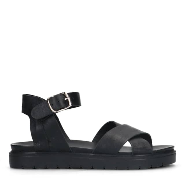 Manfield Zwarte Leren Sandalen Met Gekruiste Banden Met Plateau Zool Van 3 Cm Met Gespsluiting