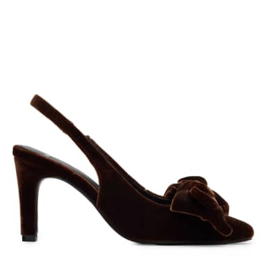 Manfield Bruine Fluwelen Slingbacks Met Strik Met Rechte Hak Van 8 Cm Met Elastieke Sluiting