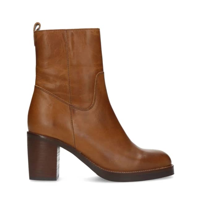 Manfield Cognac Leren Enkellaarsjes Met Hak Met Ritssluiting