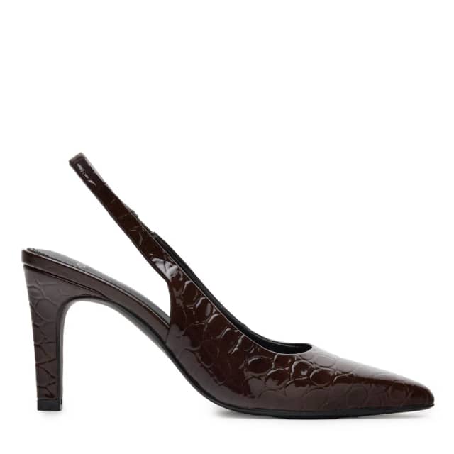 Manfield Bruine Croco Lakleren Slingbacks Met Rechte Hak Van 8 Cm Met Elastieke Sluiting