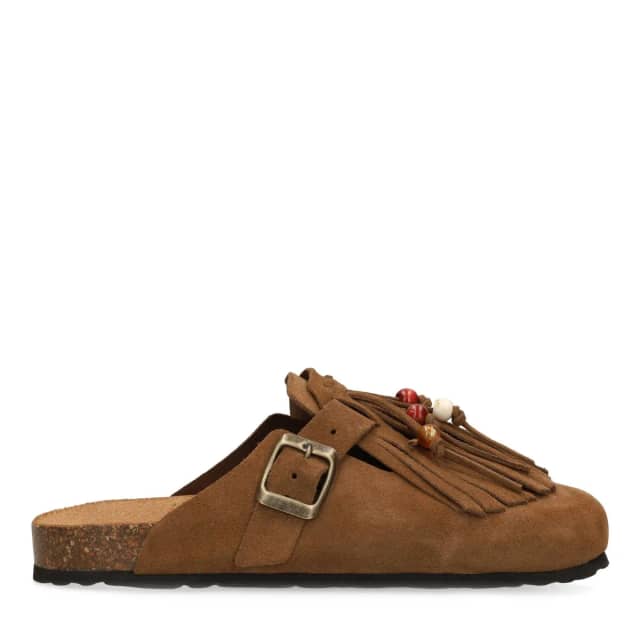 Manfield Bruine Suède Clogs Met Franjes Met Gespsluiting