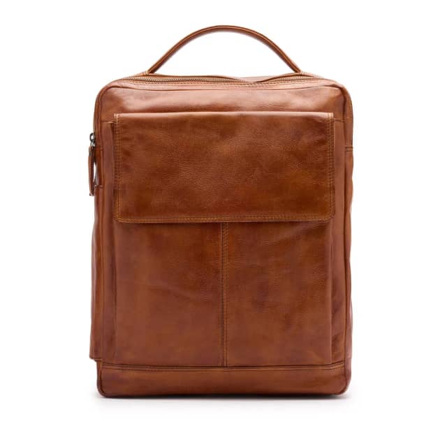 Manfield Cognac Leren Unisex Rugzak Met Ritssluiting