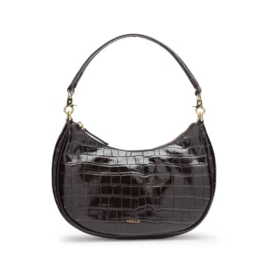 Manfield Bruine Leren Croco Schoudertasje Met Ritssluiting