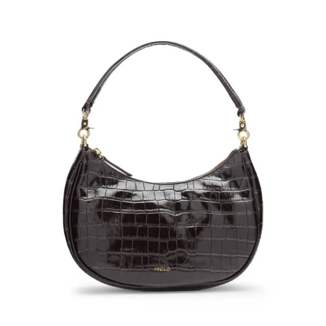 Manfield Bruine Leren Croco Schoudertasje Met Ritssluiting
