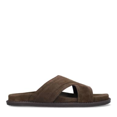 Manfield Donkerbruine Suède Slippers Met Gespsluiting