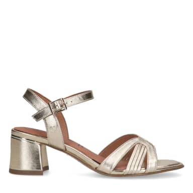 No Stress Gouden Leren Sandalen Met Hak Met Gespsluiting